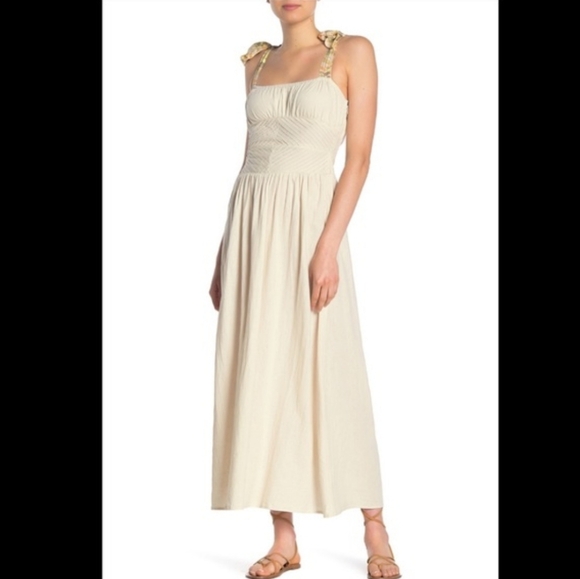 Free People Santorini Midi Dress Pleats Linen Contrast Tie Straps Siz 4 Ecru NWT - Picture 4 of 16